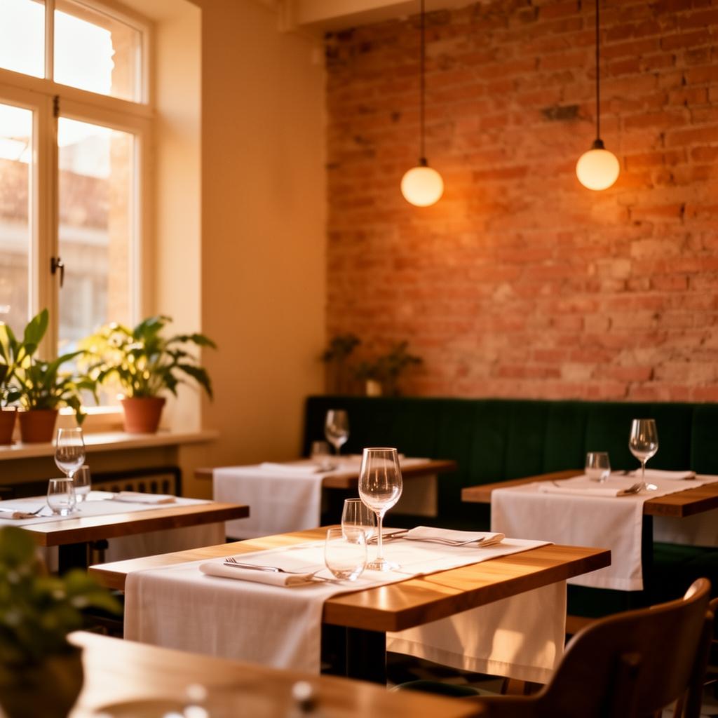Warm independent restaurant interior at golden hour with set tables and pendant lights